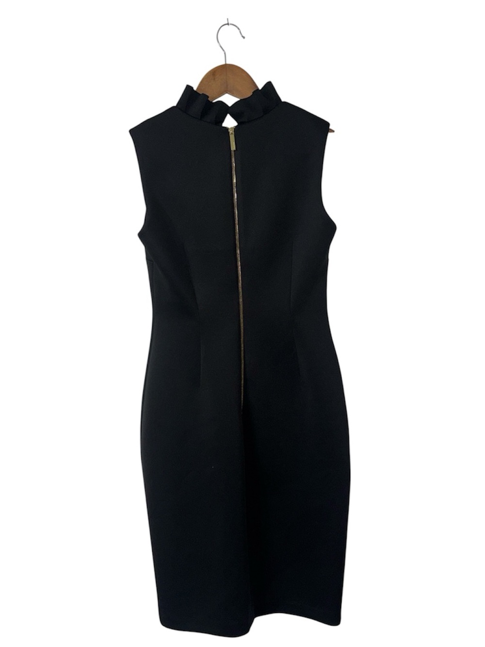 Calvin Klein Black Ruffle V-Neck Scuba Jersey Sheath Midi Dress Fancy LBD Size 2 - Picture 3 of 6